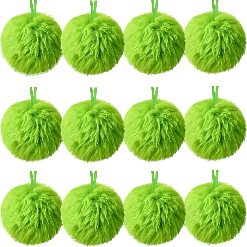 12 boules de pompon en fausse fourrure de Noël, boule moelleuse, boule en peluche pour costume de Noël, décoration d'arbre de Noël, vert - Image 1