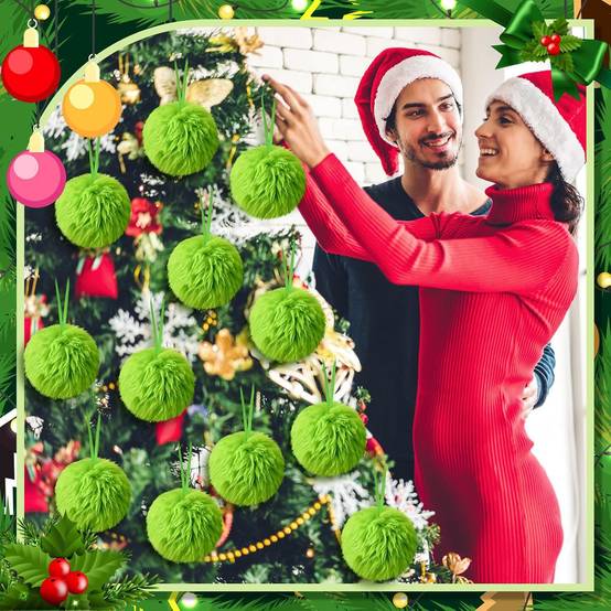 12 boules de pompon en fausse fourrure de Noël, boule moelleuse, boule en peluche pour costume de Noël, décoration d'arbre de Noël, vert - Image 3