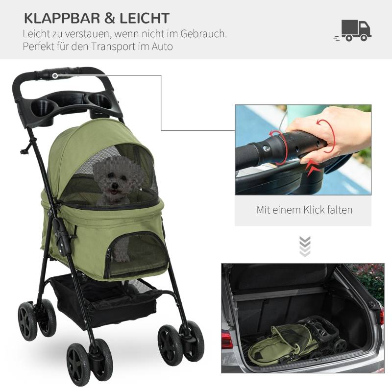 Poussette pour chien pliable, 2 laisses de sécurité, 2 porte-gobelets, 67 x 45 x 96 cm, vert - Image 4