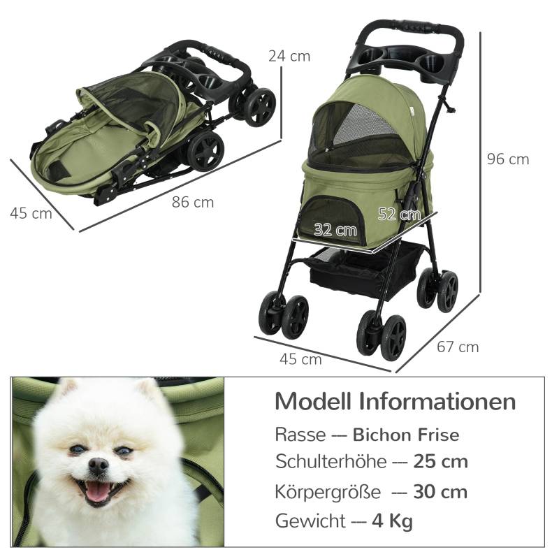 Poussette pour chien pliable, 2 laisses de sécurité, 2 porte-gobelets, 67 x 45 x 96 cm, vert - Image 3