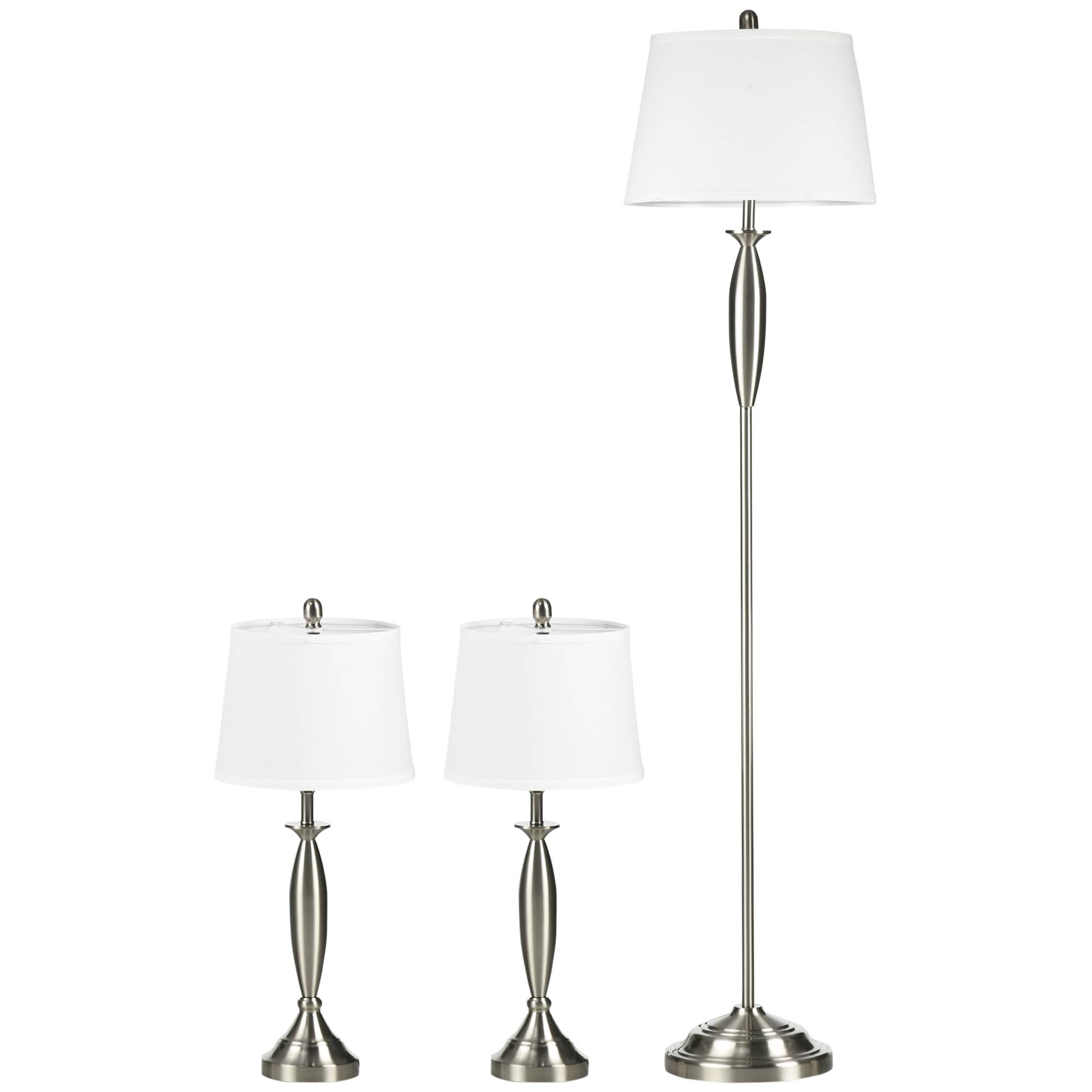 Ensemble de luminaires 3 pièces. 1 lampadaire, 2 lampes de table, aspect lin ; 38 cm x 38 cm x 158 cm, argent et blanc - Image 2