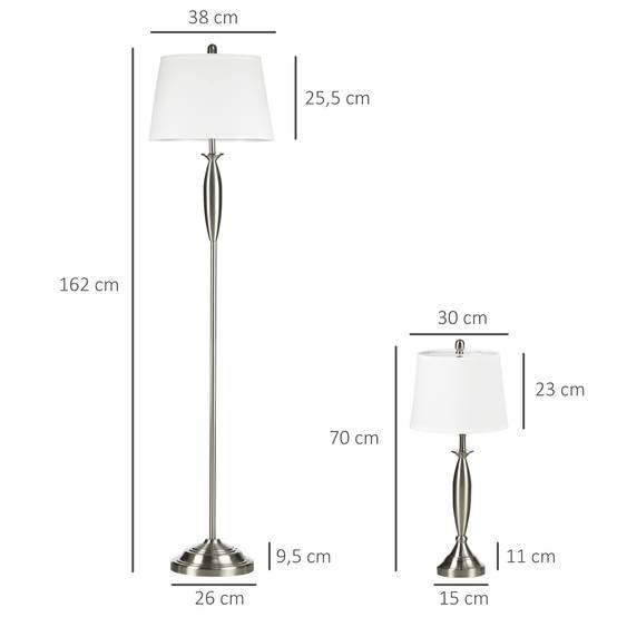 Ensemble de luminaires 3 pièces. 1 lampadaire, 2 lampes de table, aspect lin ; 38 cm x 38 cm x 158 cm, argent et blanc - Image 4