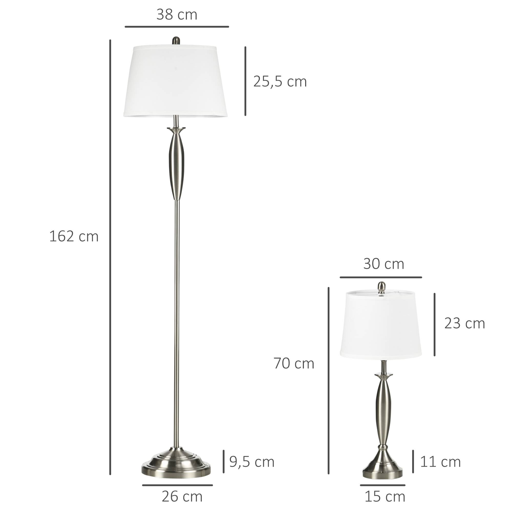 Ensemble de luminaires 3 pièces. 1 lampadaire, 2 lampes de table, aspect lin ; 38 cm x 38 cm x 158 cm, argent et blanc - Image 4