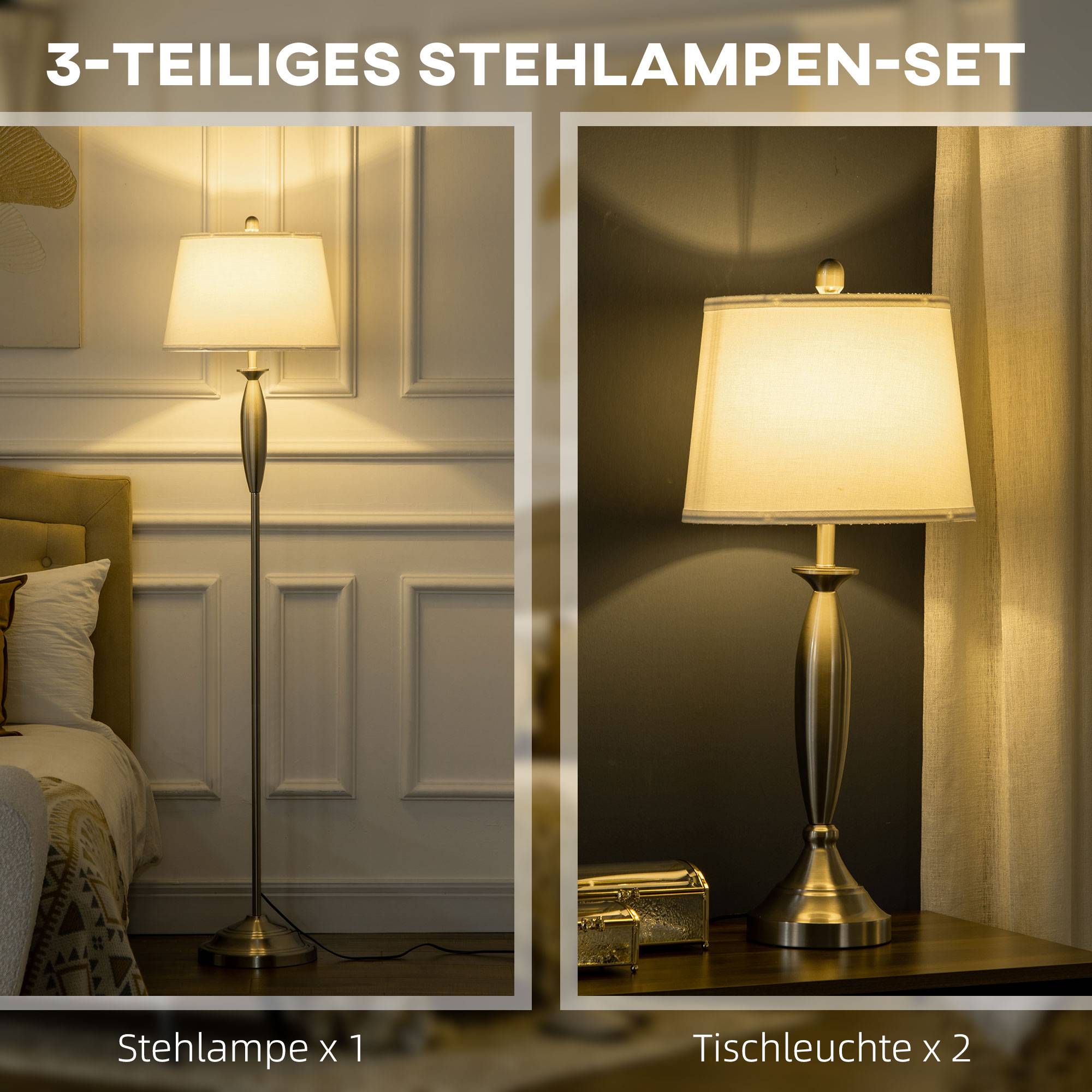 Ensemble de luminaires 3 pièces. 1 lampadaire, 2 lampes de table, aspect lin ; 38 cm x 38 cm x 158 cm, argent et blanc - Image 5