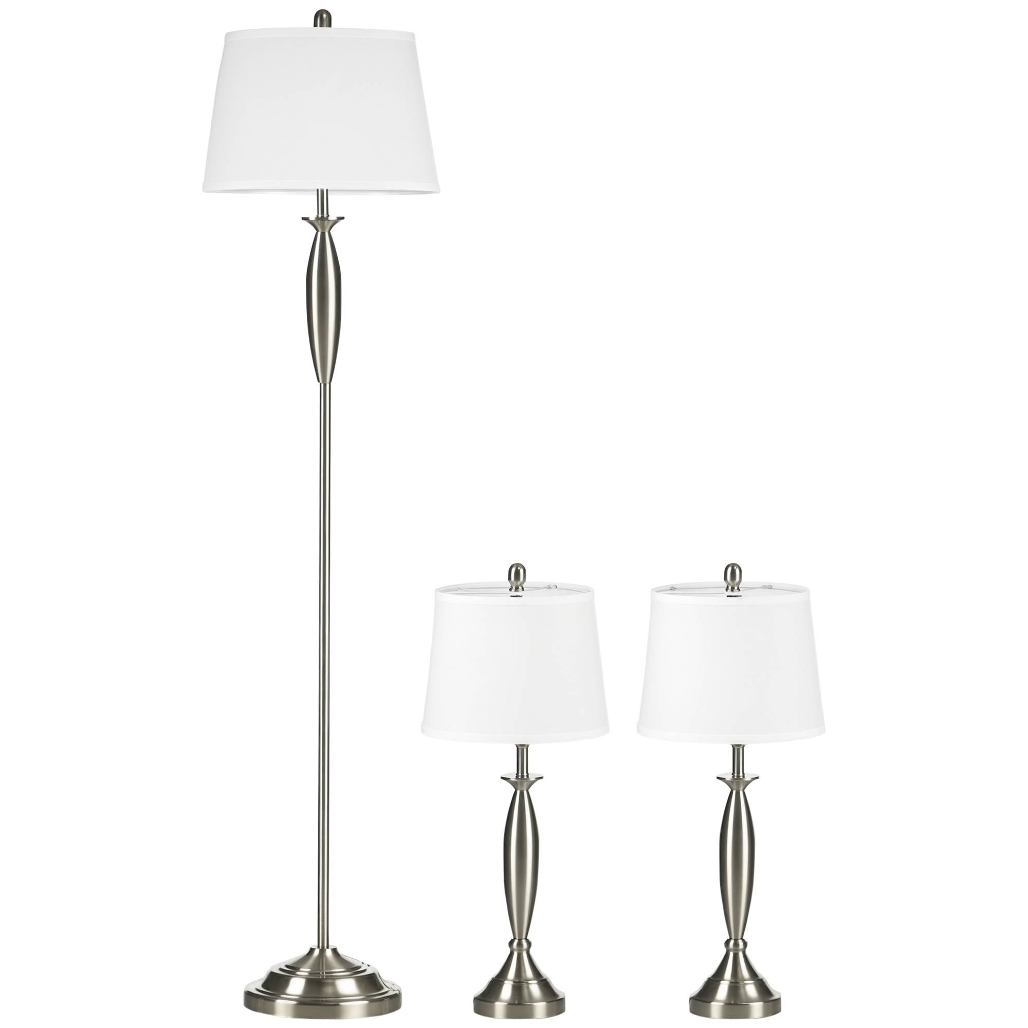 Ensemble de luminaires 3 pièces. 1 lampadaire, 2 lampes de table, aspect lin ; 38 cm x 38 cm x 158 cm, argent et blanc - Image 1