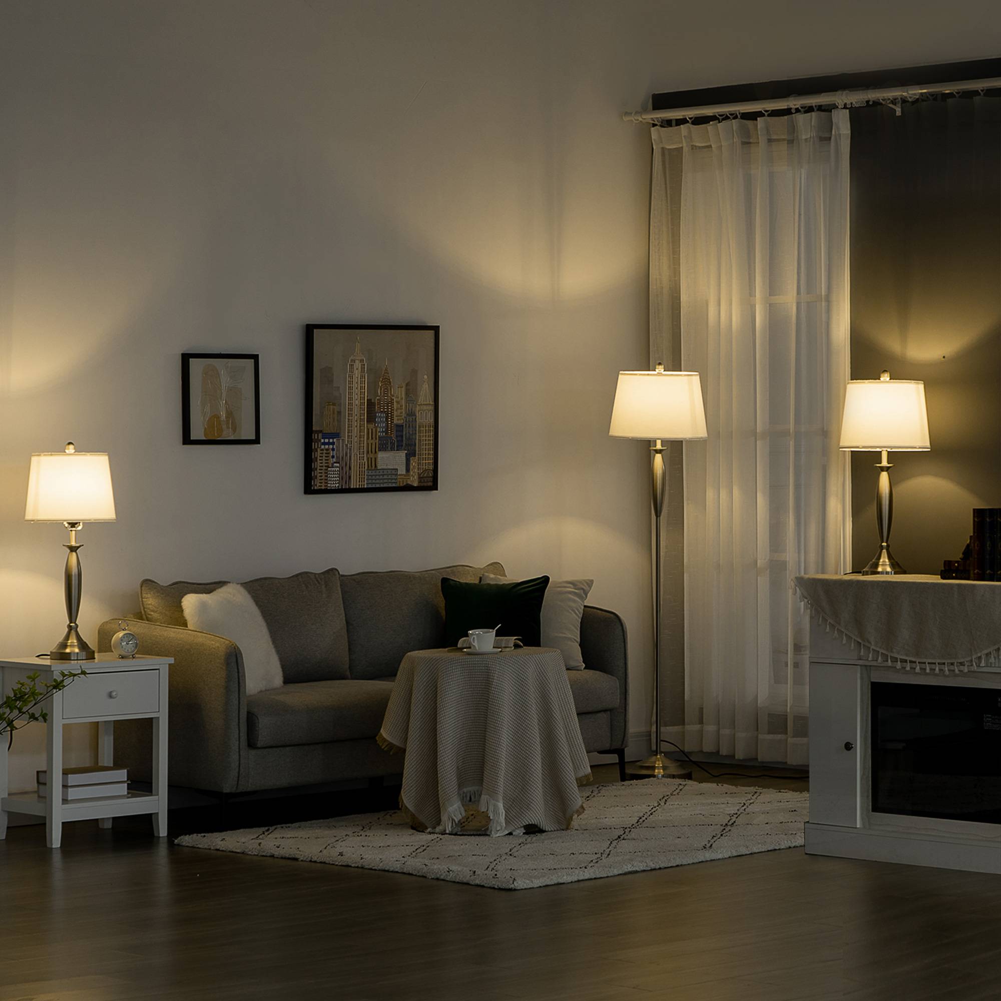 Ensemble de luminaires 3 pièces. 1 lampadaire, 2 lampes de table, aspect lin ; 38 cm x 38 cm x 158 cm, argent et blanc - Image 3
