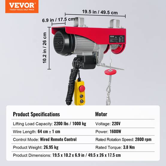VEVOR Treuil à câble électrique 1000 kg, palan télécommande filaire 4m 1600W, 10 m/min, ht. 12m. - Image 7