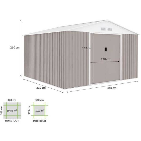 Sans Marque - Abri de jardin en métal 10,85 m² - 340 x 319 x 210 cm - JUPITER - Kit d'ancrage inclus, 2 portes coulissantes - Taupe - Image 4
