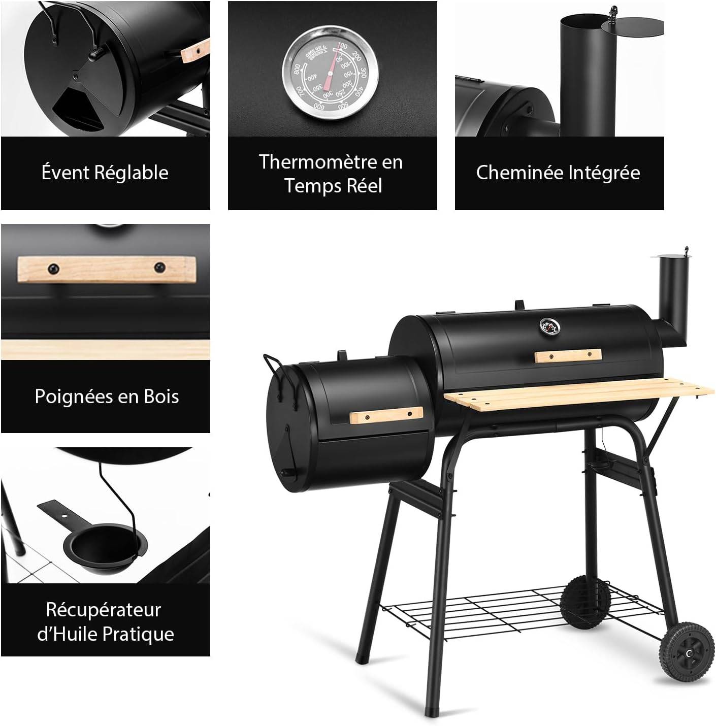 Barbecue à Charbon de Bois-Fumoir Déporté,Couvercle-2 Roues-Caisse de Feu-Table Latérale-Thermomètre - Image 3