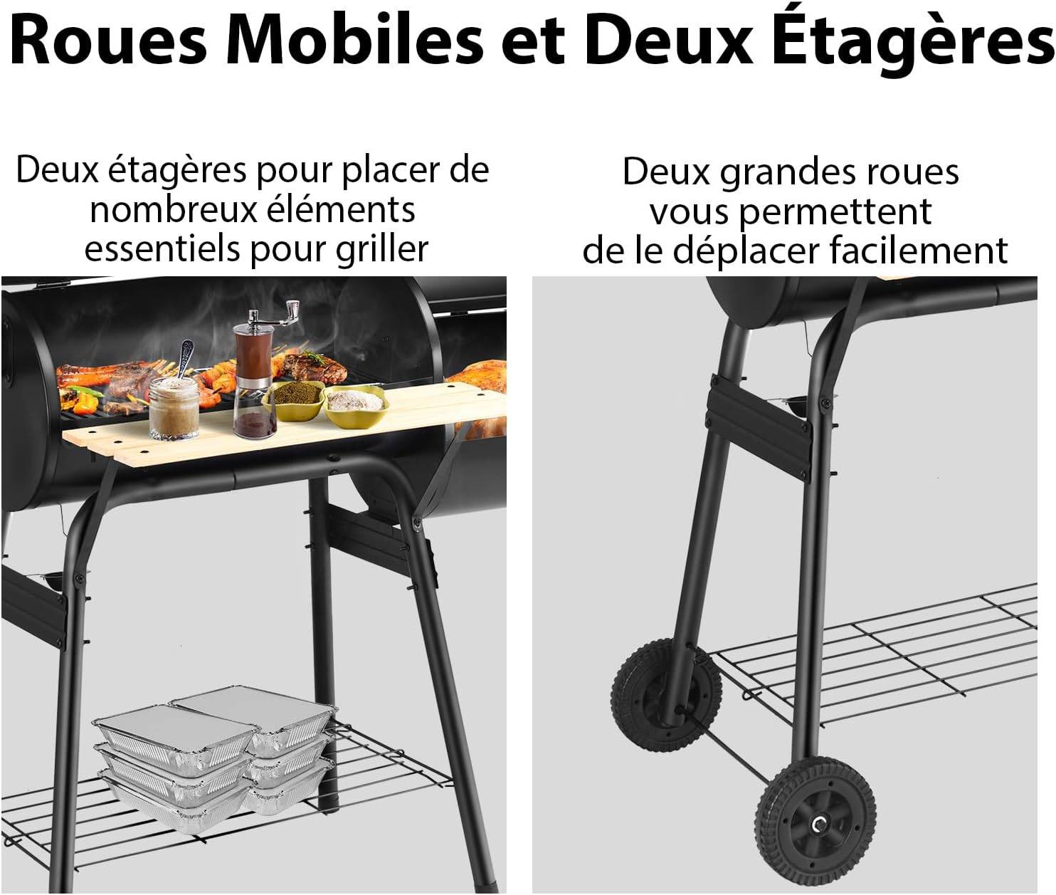 Barbecue à Charbon de Bois-Fumoir Déporté,Couvercle-2 Roues-Caisse de Feu-Table Latérale-Thermomètre - Image 4