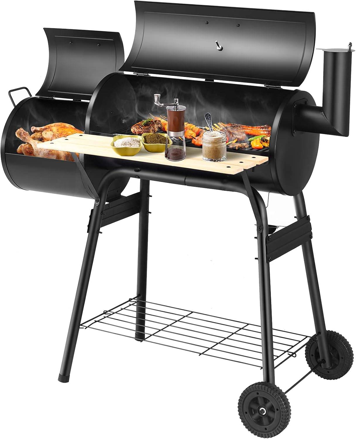 Barbecue à Charbon de Bois-Fumoir Déporté,Couvercle-2 Roues-Caisse de Feu-Table Latérale-Thermomètre - Image 1