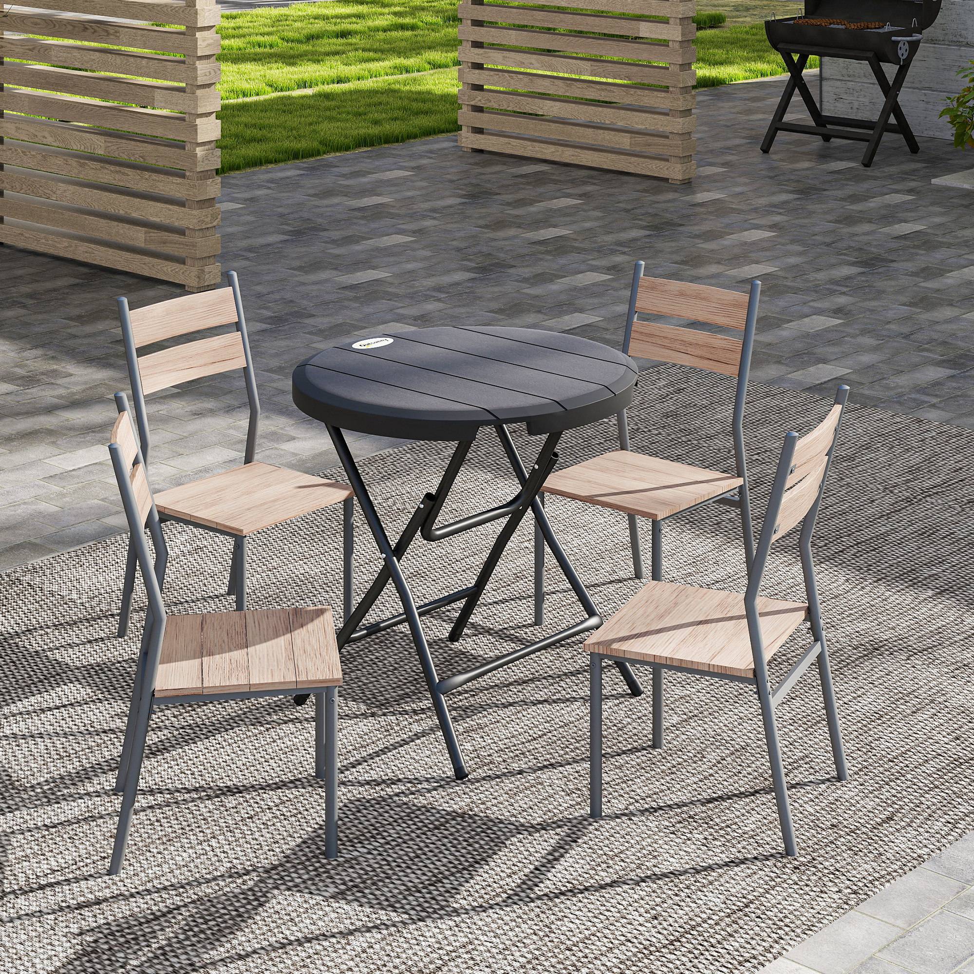 Table de jardin Outsunny, ronde, pliable, pour 4 personnes, aspect bois, acier et plastique, gris foncé, 80 x 80 x 73 cm - Image 4