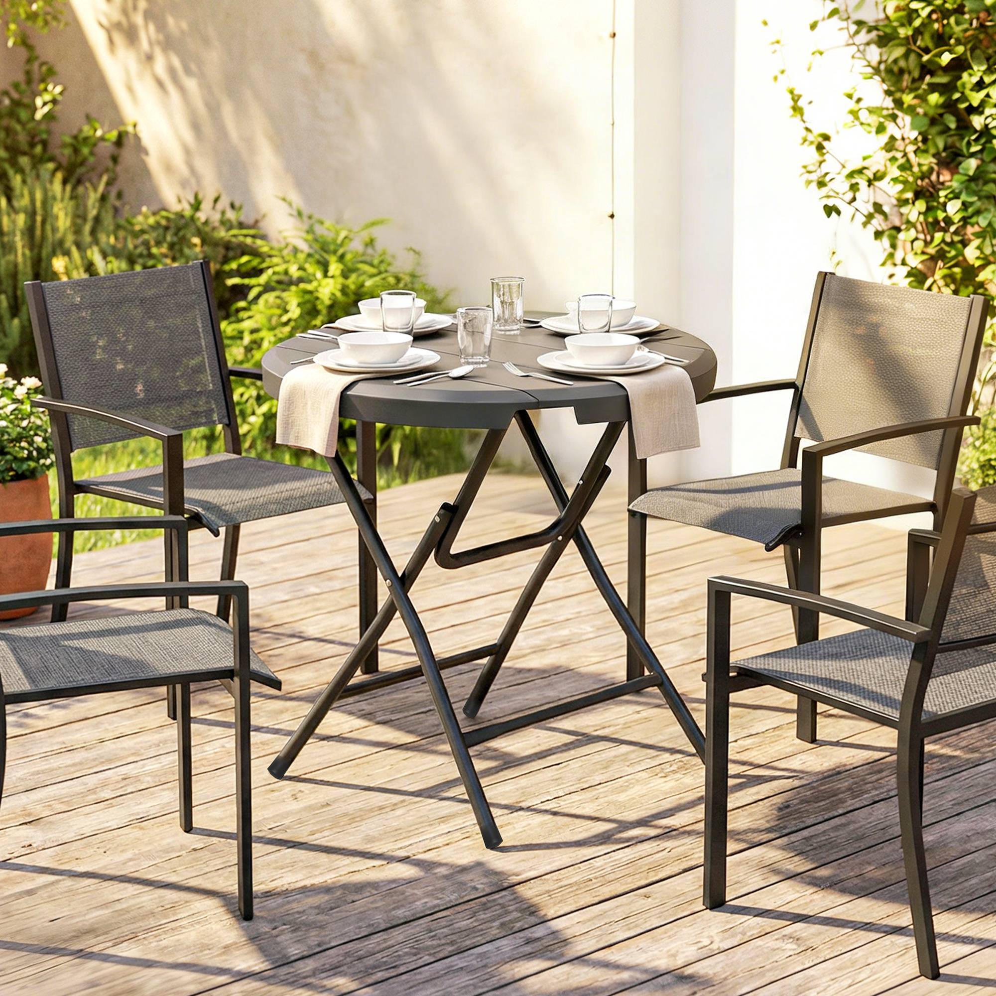 Table de jardin Outsunny, ronde, pliable, pour 4 personnes, aspect bois, acier et plastique, gris foncé, 80 x 80 x 73 cm - Image 3