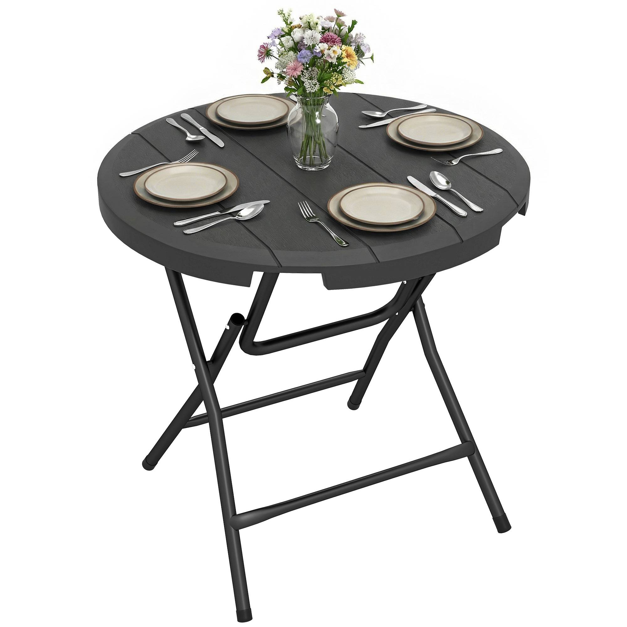 Table de jardin Outsunny, ronde, pliable, pour 4 personnes, aspect bois, acier et plastique, gris foncé, 80 x 80 x 73 cm - Image 1