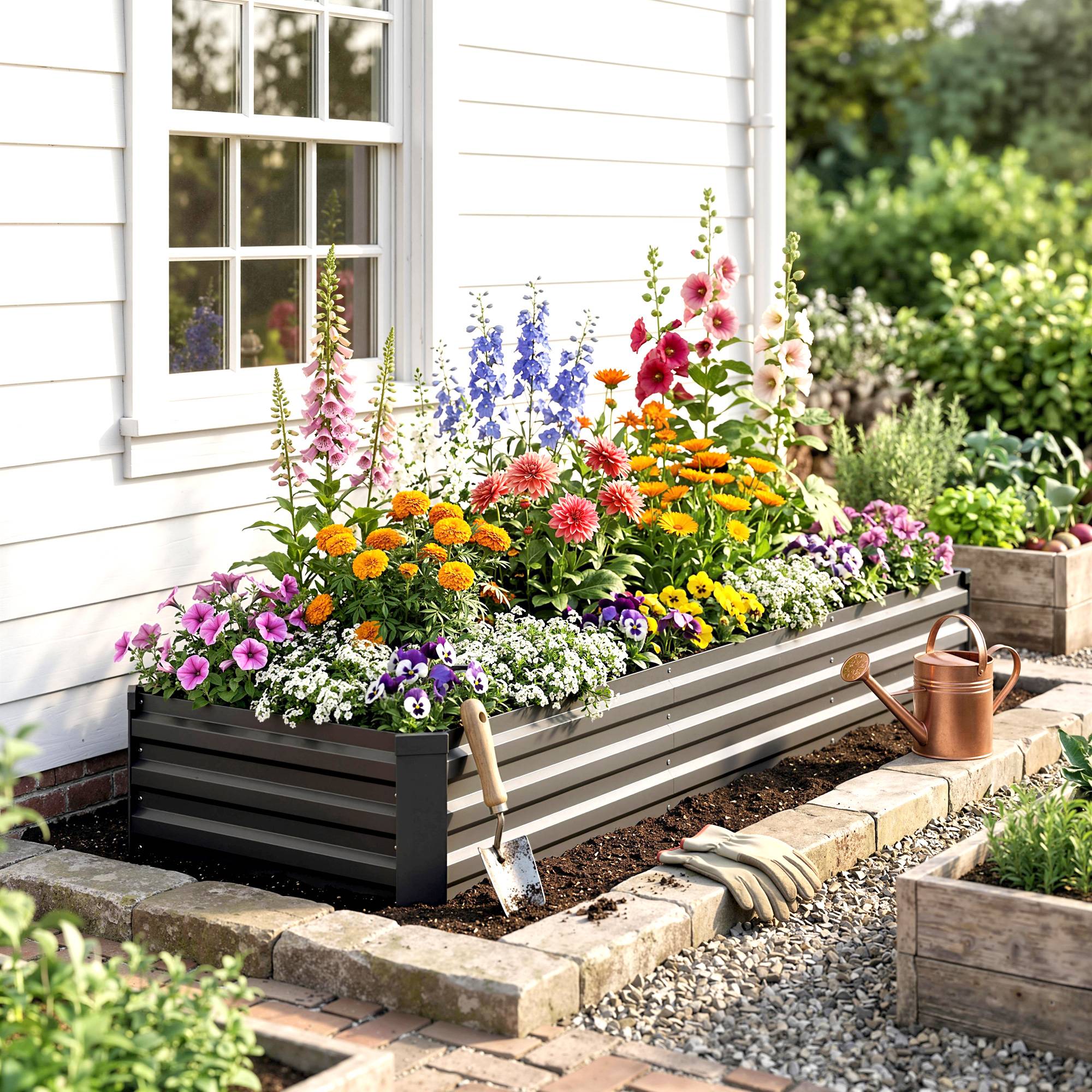 Carré potager rectangulaire, lit de jardin surélevé en acier galvanisé, fond ouvert, 240 x 60 x 30 cm, gris foncé - Image 10