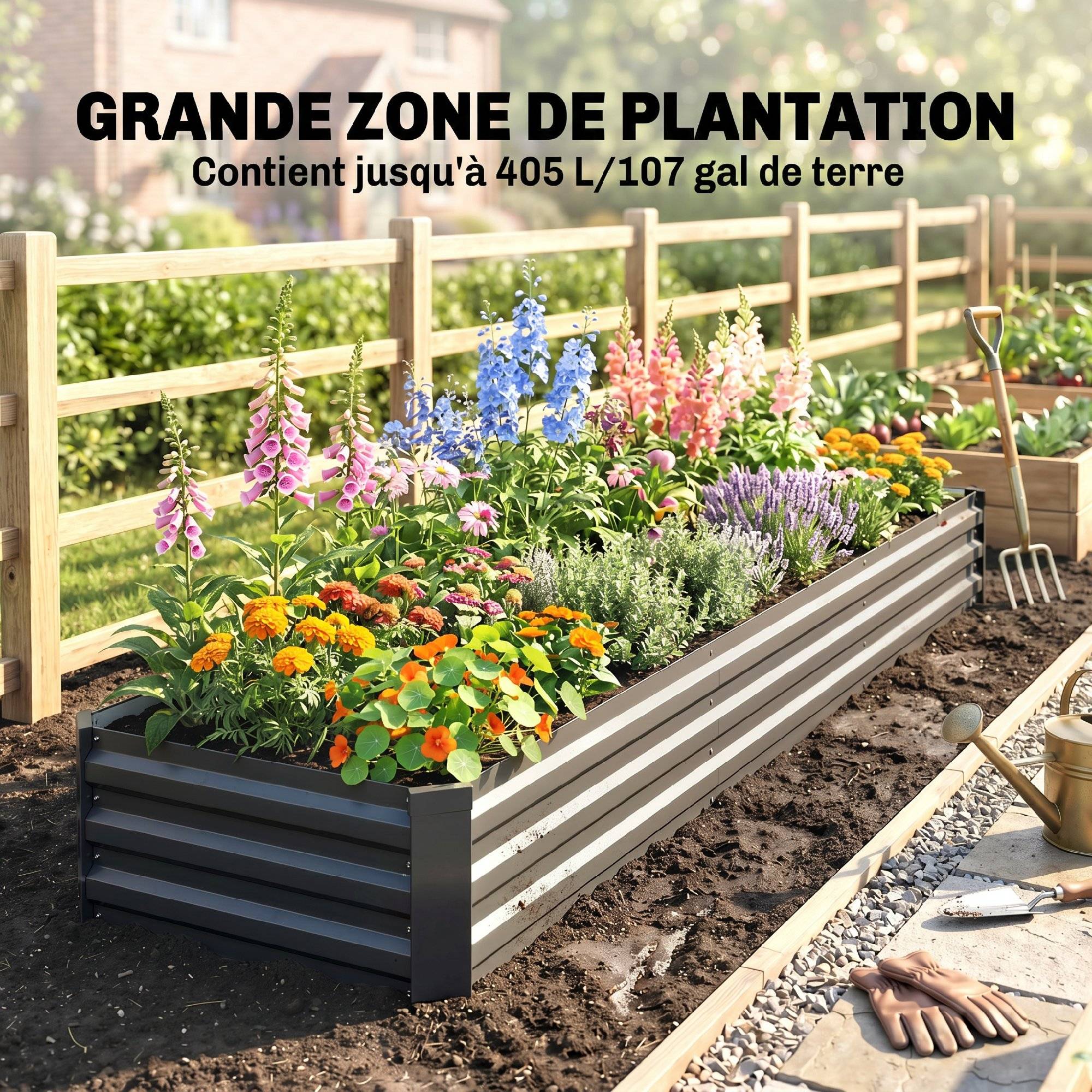 Carré potager rectangulaire, lit de jardin surélevé en acier galvanisé, fond ouvert, 240 x 60 x 30 cm, gris foncé - Image 6