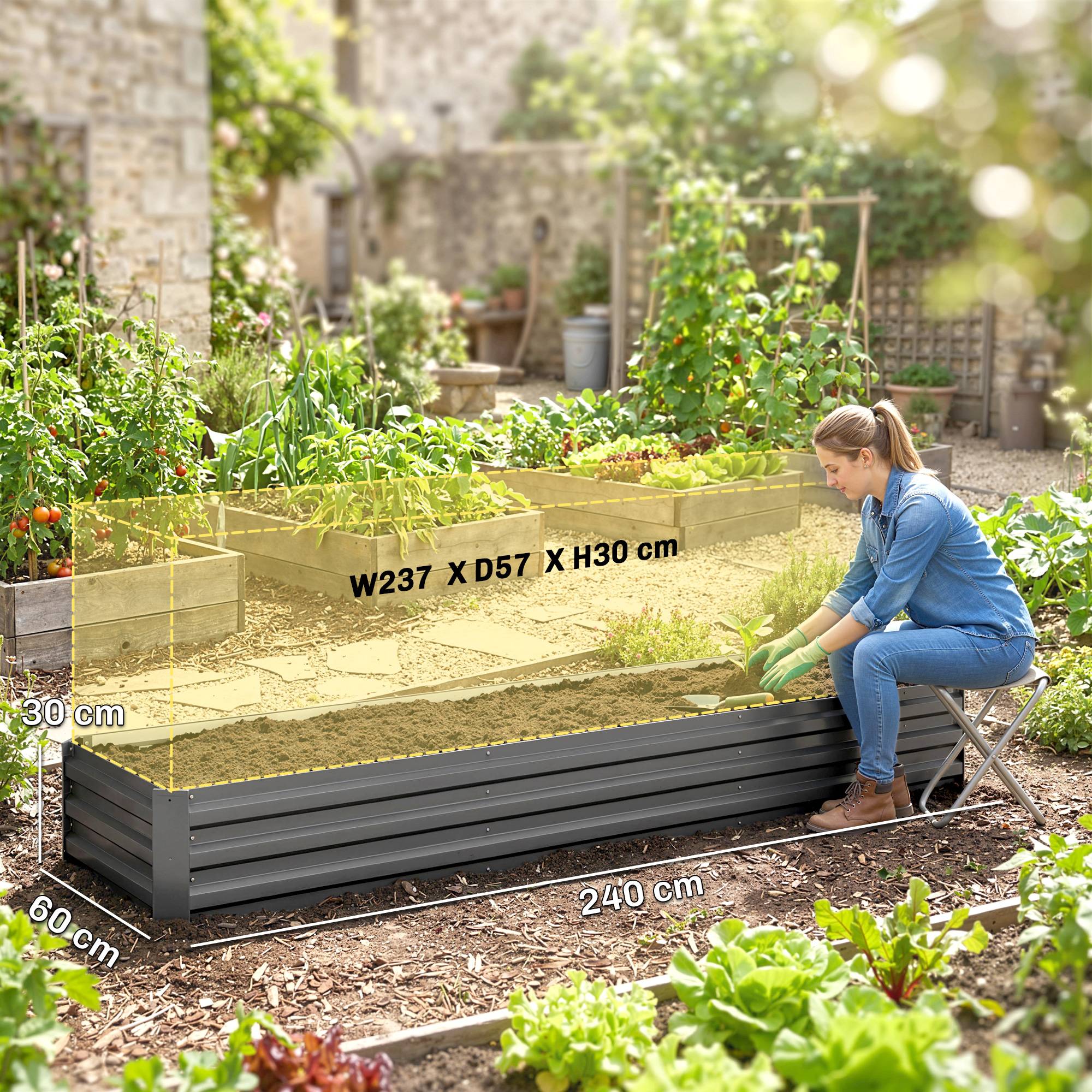 Carré potager rectangulaire, lit de jardin surélevé en acier galvanisé, fond ouvert, 240 x 60 x 30 cm, gris foncé - Image 5