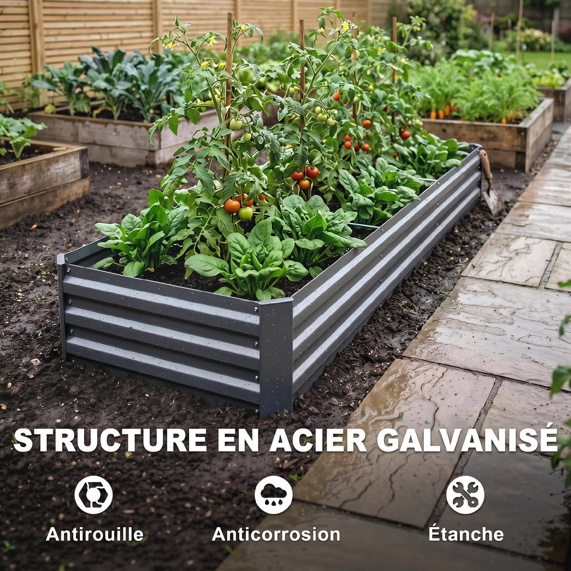 Carré potager rectangulaire, lit de jardin surélevé en acier galvanisé, fond ouvert, 240 x 60 x 30 cm, gris foncé - Image 7