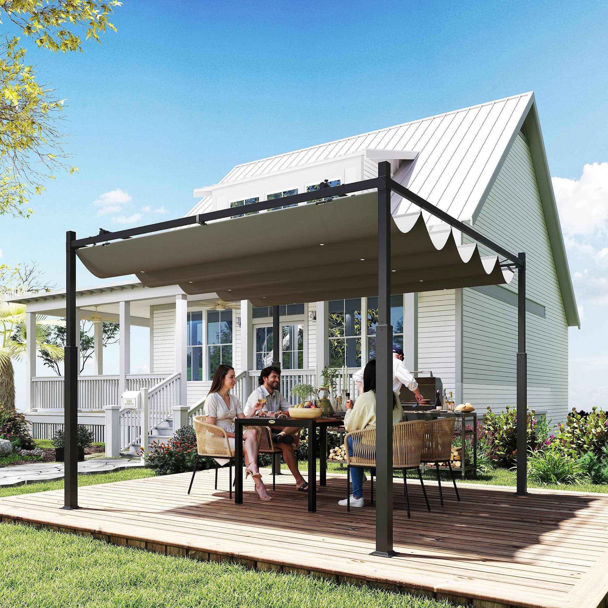Outsunny - Pergola 3x3m Coulissante Rétractable Fixation Magnétique Tonnelle Abri Soleil UPF30+ Terrasse Patio Polyester 180g/m² Gris - Outsunny - Image 2