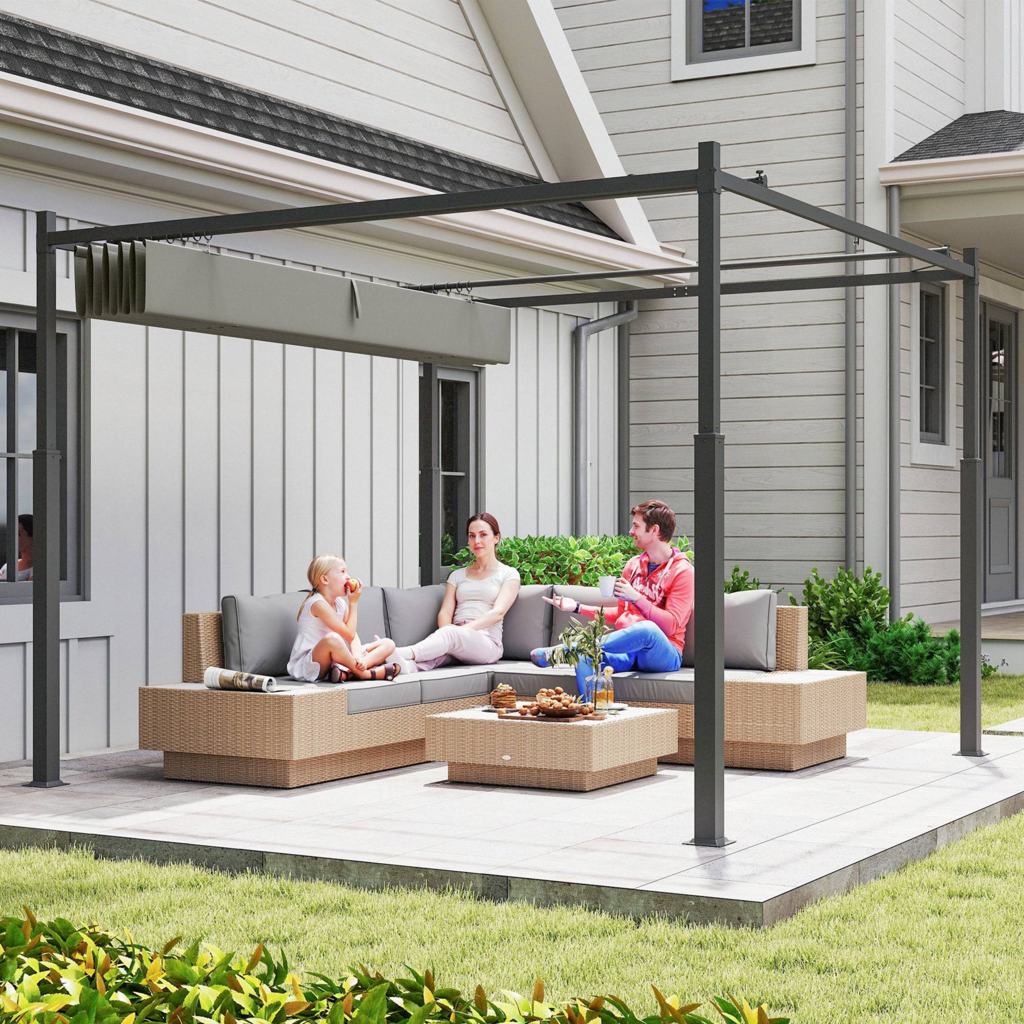 Outsunny - Pergola 3x3m Coulissante Rétractable Fixation Magnétique Tonnelle Abri Soleil UPF30+ Terrasse Patio Polyester 180g/m² Gris - Outsunny - Image 7