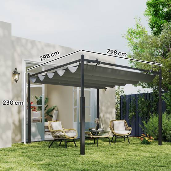Outsunny - Pergola 3x3m Coulissante Rétractable Fixation Magnétique Tonnelle Abri Soleil UPF30+ Terrasse Patio Polyester 180g/m² Gris - Outsunny - Image 3
