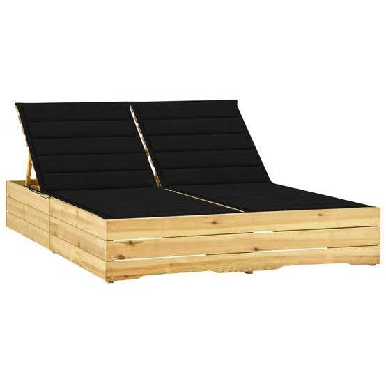 Chaise longue | Transat | Bain de soleil double et coussins noir bois de pin imprégné - Image 2