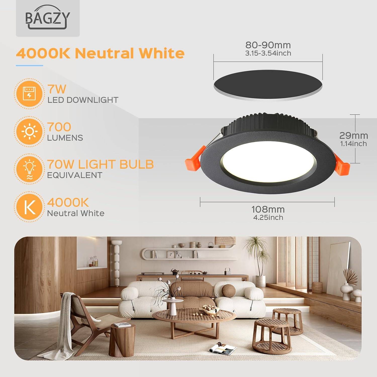 8 in 1 - Spot LED Encastrable Noir Extra Plat 5 Pack 7W 700LM IP44 4000K AC 220-240V Découpe 80-90mm pour Salle Bain Cuisine Salon Couloir - Image 2