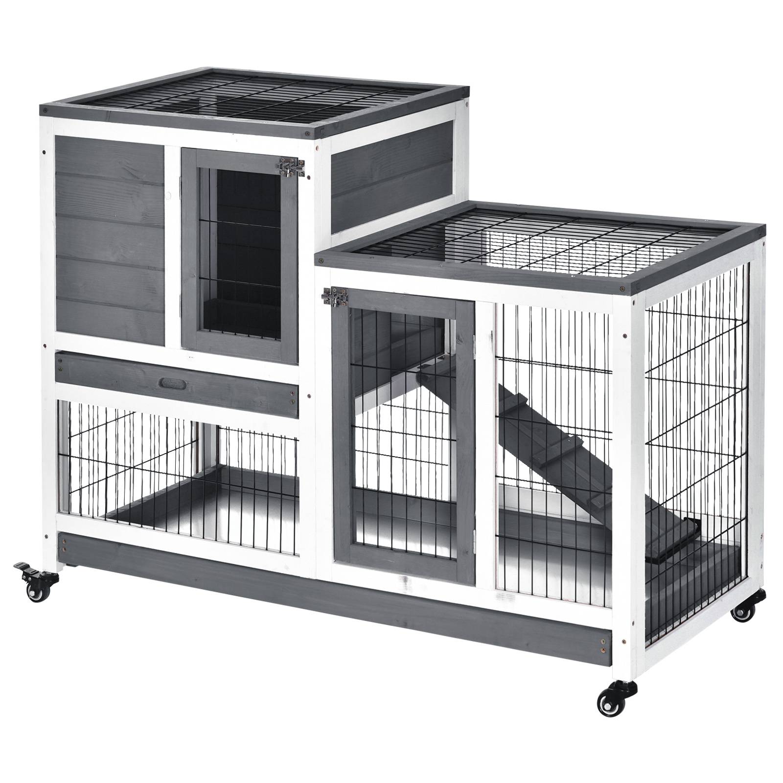 Clapier d'Intérieur Bois à 2 Étages sur Roulettes pour Lapin et Cochon d'Inde 110cm Gris - ComfortXL Outdoor Living - Image 2