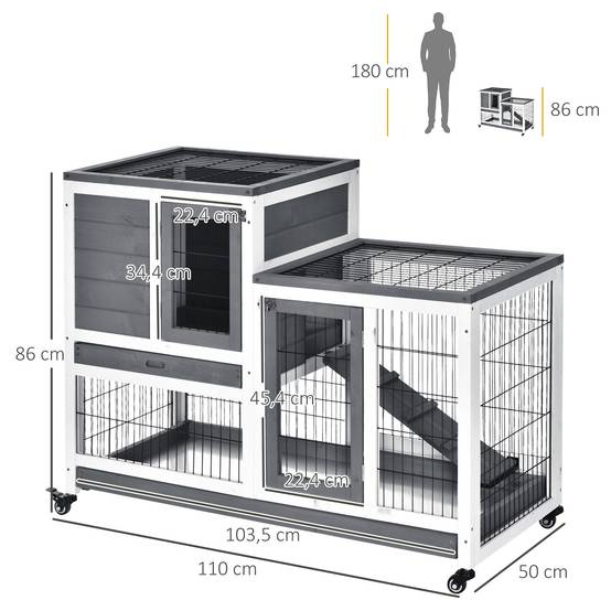 Clapier d'Intérieur Bois à 2 Étages sur Roulettes pour Lapin et Cochon d'Inde 110cm Gris - ComfortXL Outdoor Living - Image 5