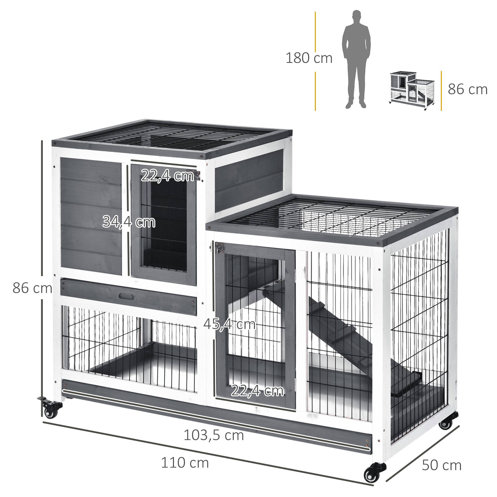 Clapier d'Intérieur Bois à 2 Étages sur Roulettes pour Lapin et Cochon d'Inde 110cm Gris - ComfortXL Outdoor Living - Image 5