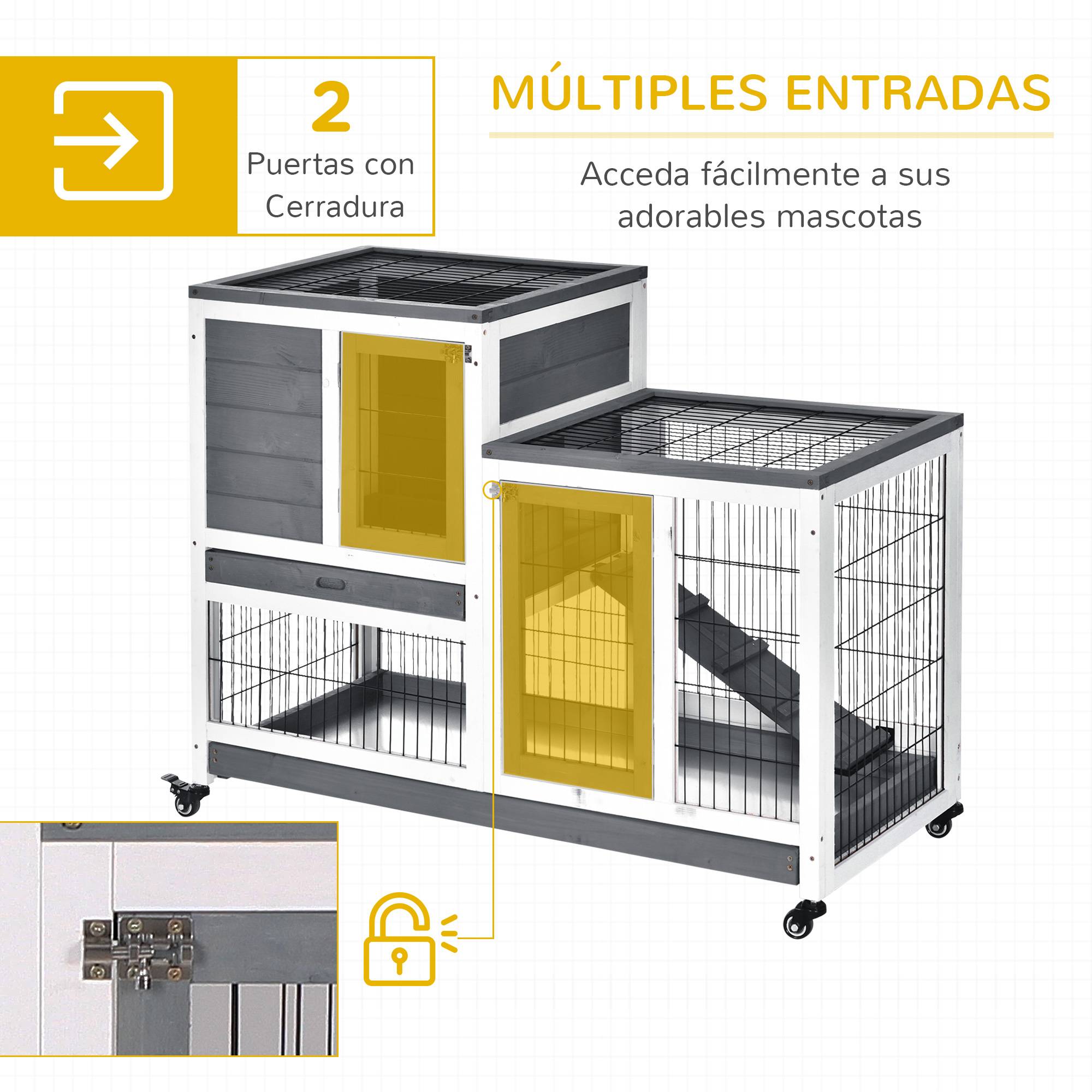 Clapier d'Intérieur Bois à 2 Étages sur Roulettes pour Lapin et Cochon d'Inde 110cm Gris - ComfortXL Outdoor Living - Image 7
