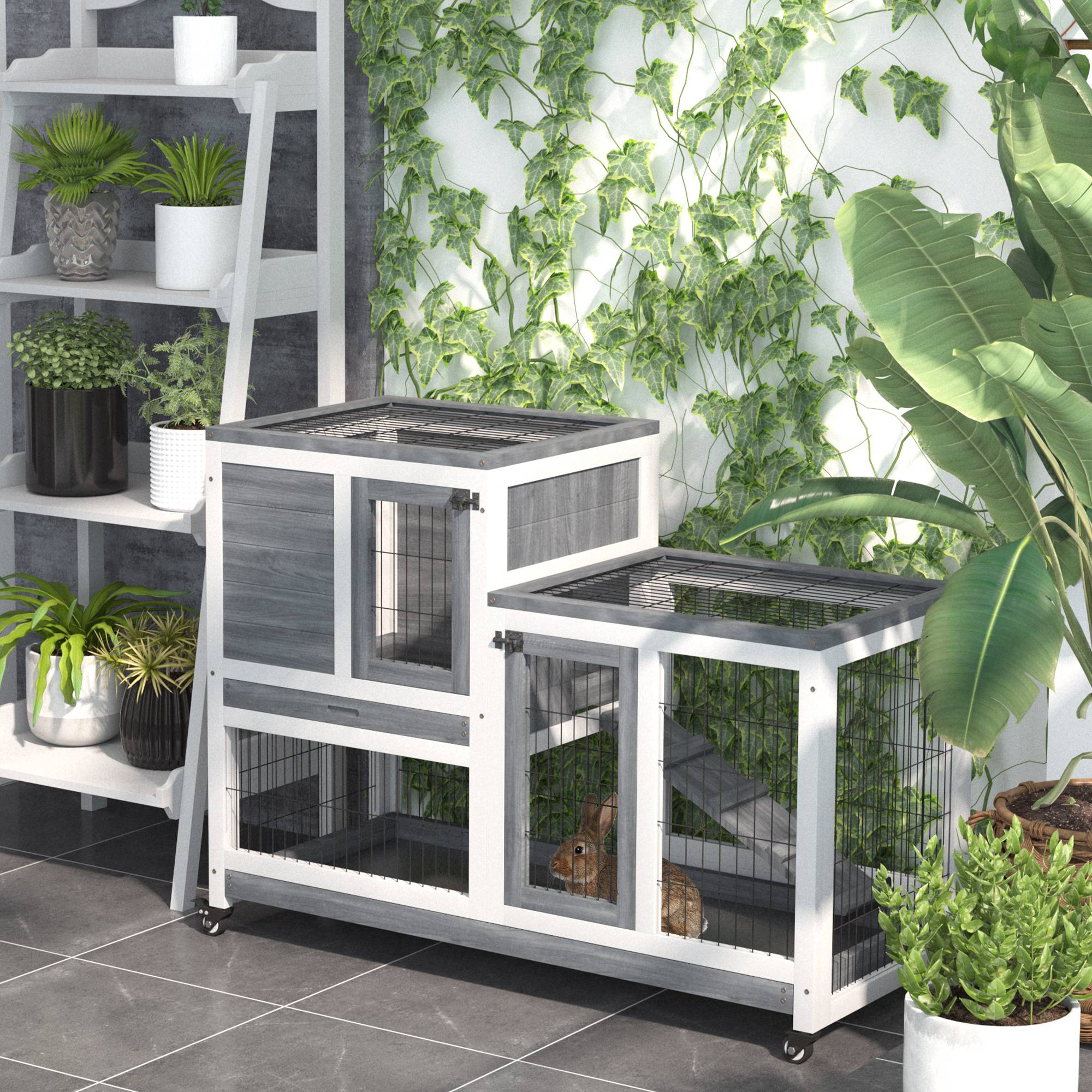 Clapier d'Intérieur Bois à 2 Étages sur Roulettes pour Lapin et Cochon d'Inde 110cm Gris - ComfortXL Outdoor Living - Image 4