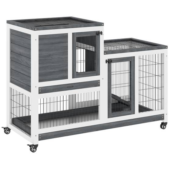 Clapier d'Intérieur Bois à 2 Étages sur Roulettes pour Lapin et Cochon d'Inde 110cm Gris - ComfortXL Outdoor Living - Image 1