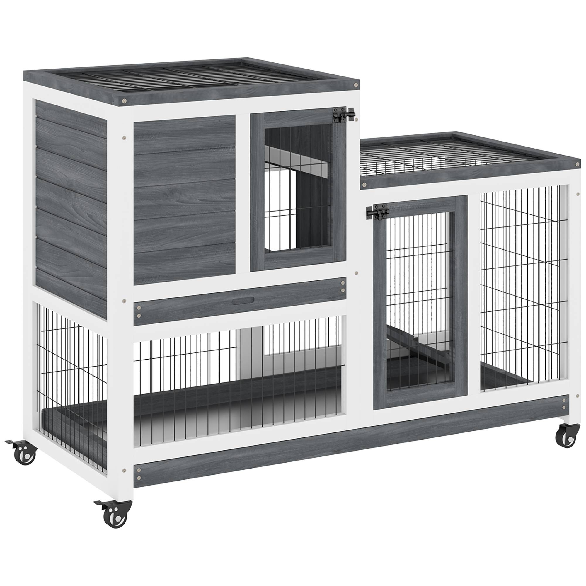 Clapier d'Intérieur Bois à 2 Étages sur Roulettes pour Lapin et Cochon d'Inde 110cm Gris - ComfortXL Outdoor Living - Image 1