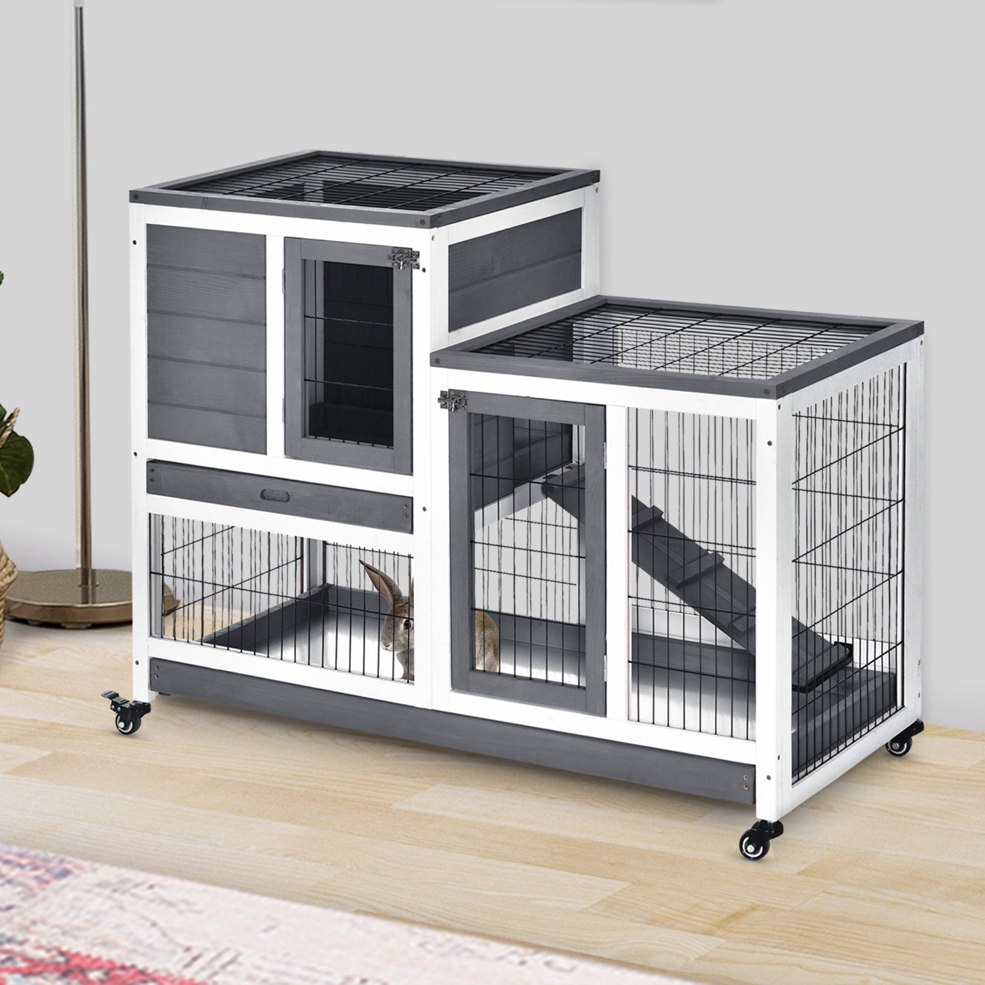 Clapier d'Intérieur Bois à 2 Étages sur Roulettes pour Lapin et Cochon d'Inde 110cm Gris - ComfortXL Outdoor Living - Image 3
