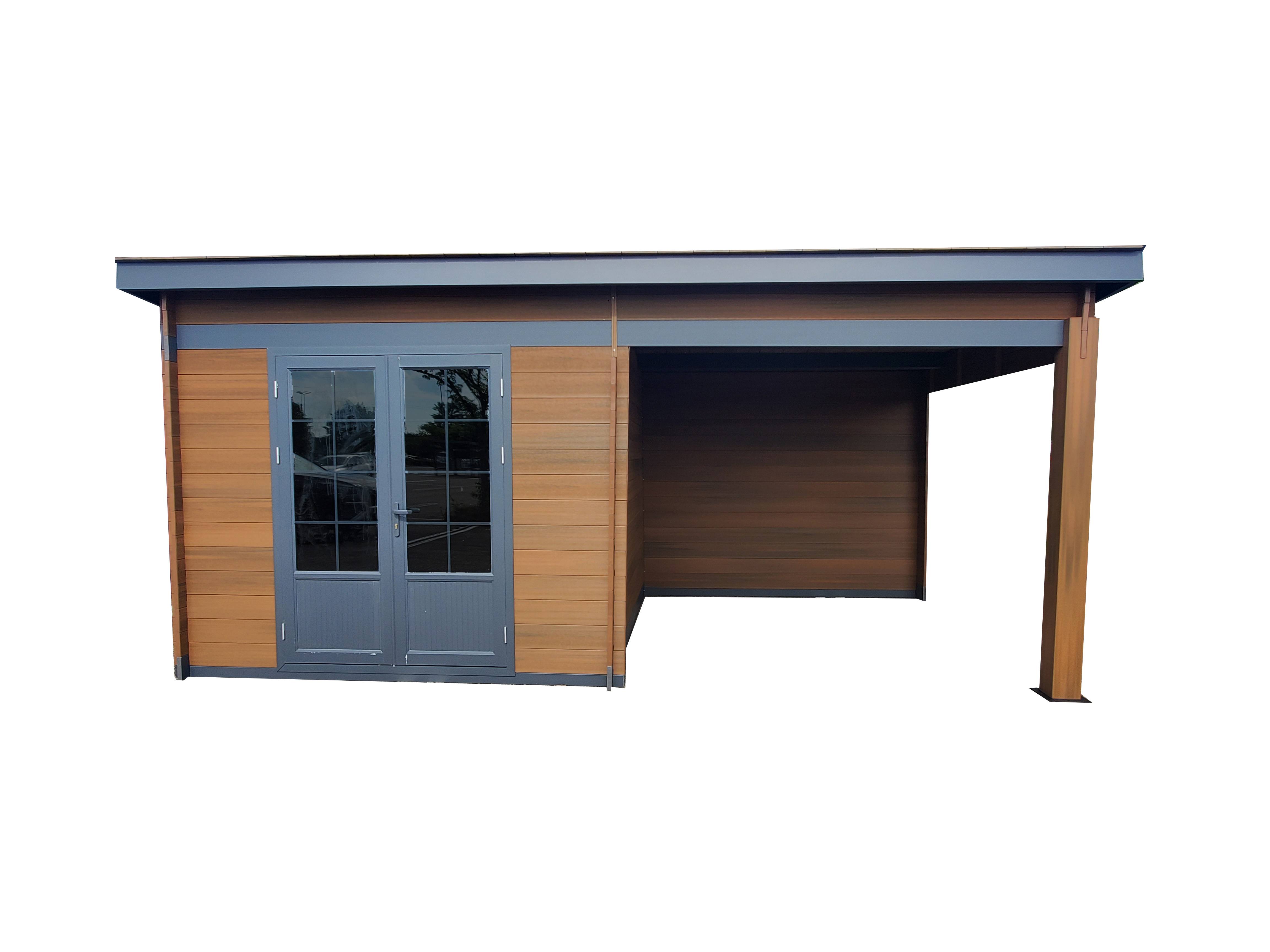 Green Outside - Abri aluminium et composite 18m² avec auvent. Toit "Plat" coloris Teck avec Bac Acier et kit anti tempête INCLUS - Image 2