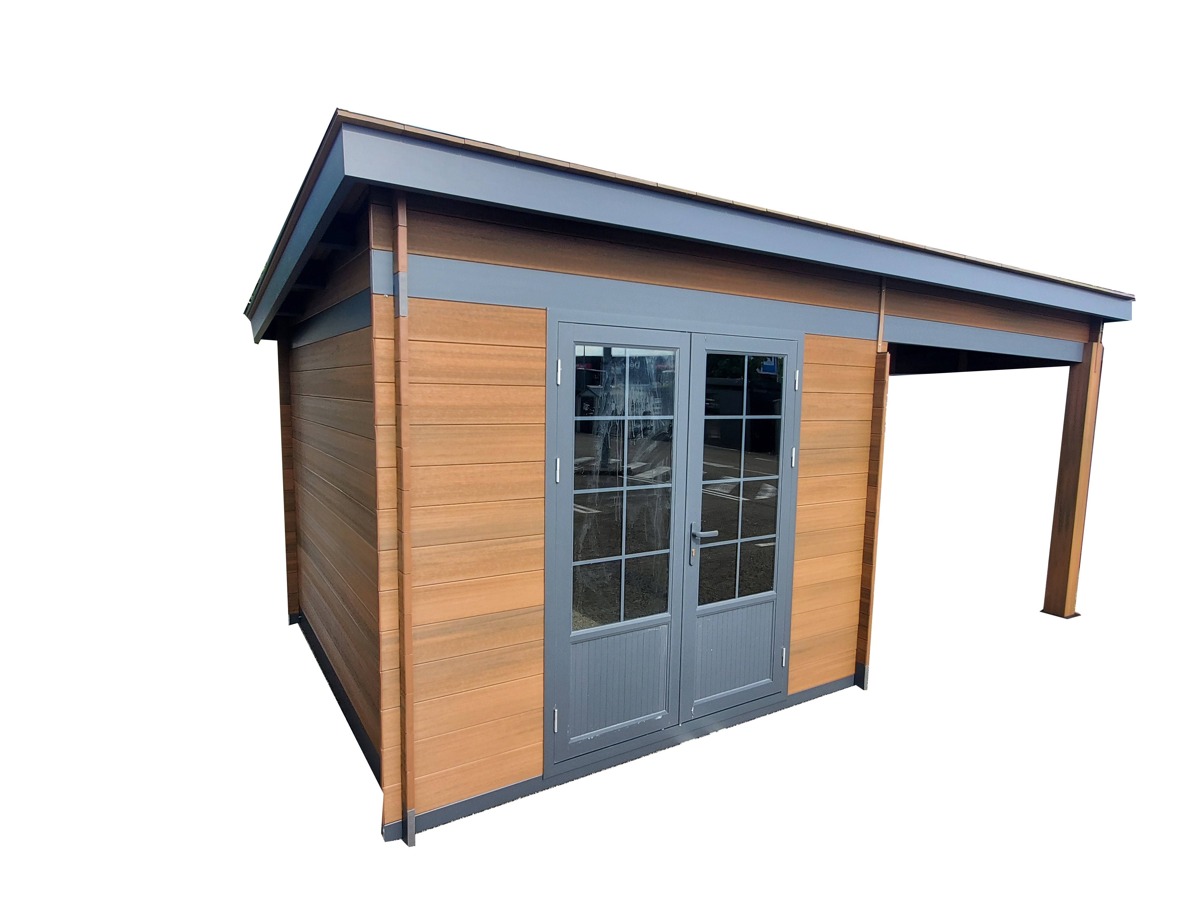 Green Outside - Abri aluminium et composite 18m² avec auvent. Toit "Plat" coloris Teck avec Bac Acier et kit anti tempête INCLUS - Image 5