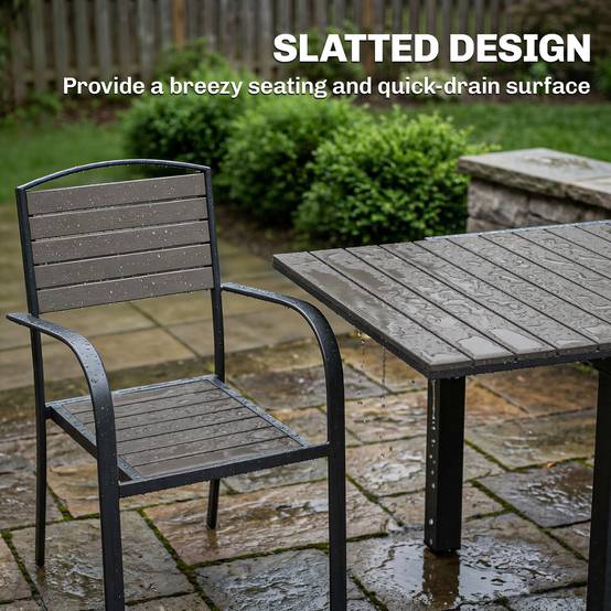 Salon de jardin 7 pièces avec table extensible et 6 chaises empilables, structure aluminium, aspect bois - Image 10