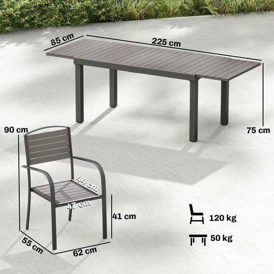 Salon de jardin 7 pièces avec table extensible et 6 chaises empilables, structure aluminium, aspect bois - Image 5