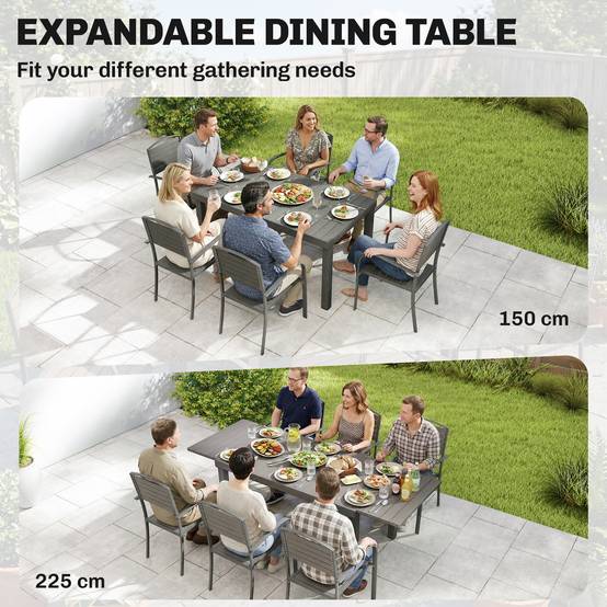 Salon de jardin 7 pièces avec table extensible et 6 chaises empilables, structure aluminium, aspect bois - Image 6