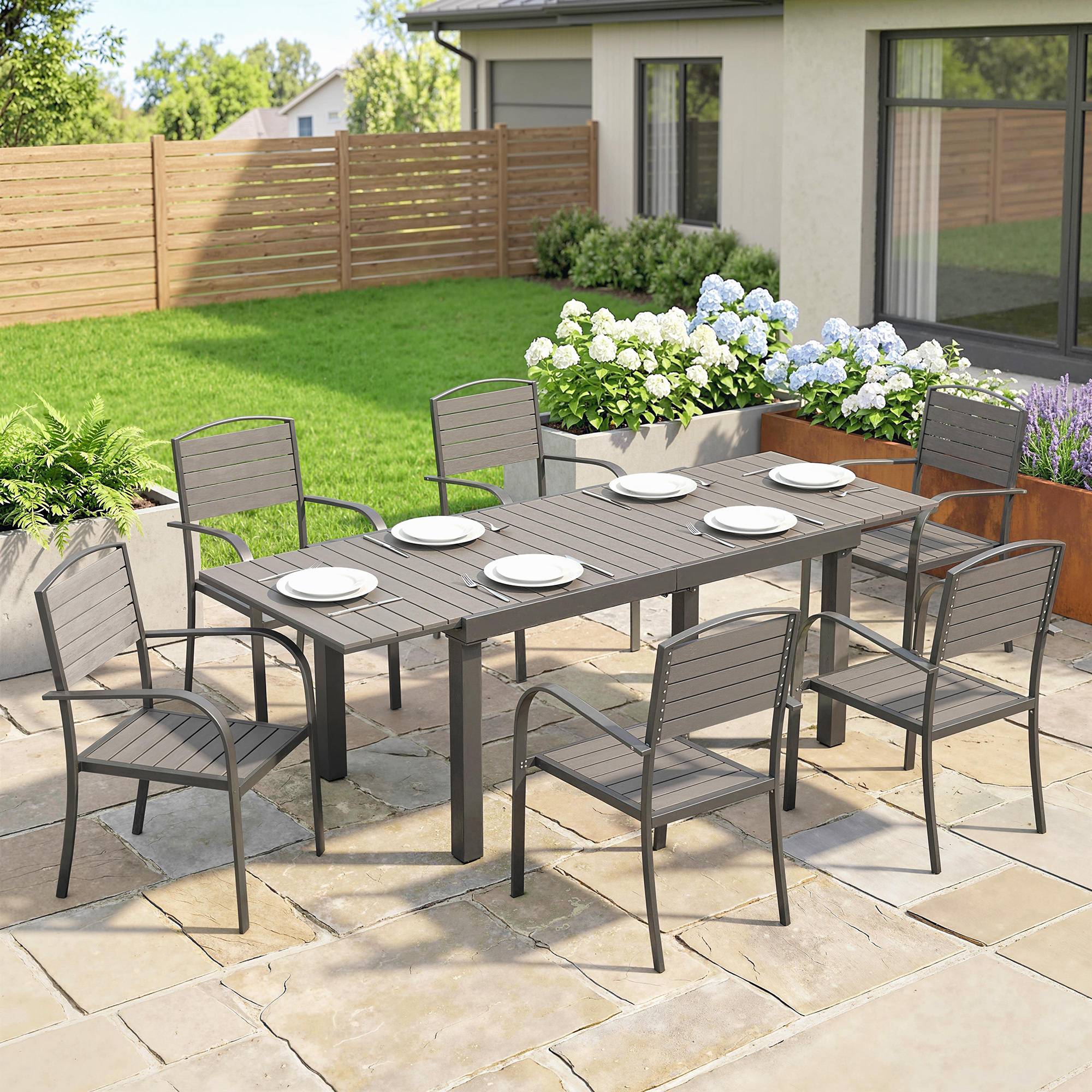 Salon de jardin 7 pièces avec table extensible et 6 chaises empilables, structure aluminium, aspect bois - Image 3