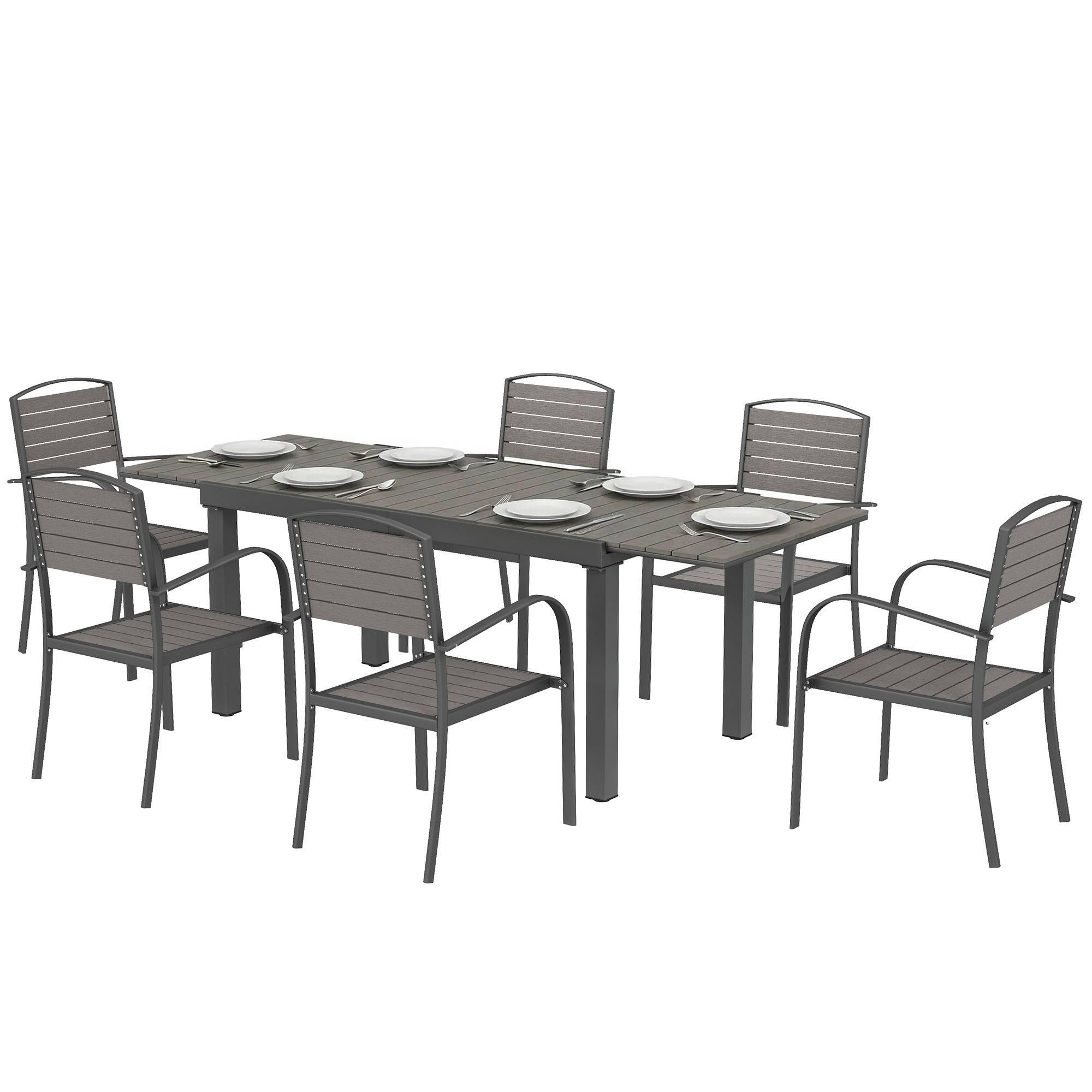 Salon de jardin 7 pièces avec table extensible et 6 chaises empilables, structure aluminium, aspect bois - Image 2