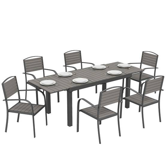 Salon de jardin 7 pièces avec table extensible et 6 chaises empilables, structure aluminium, aspect bois - Image 1