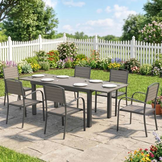 Salon de jardin 7 pièces avec table extensible et 6 chaises empilables, structure aluminium, aspect bois - Image 4