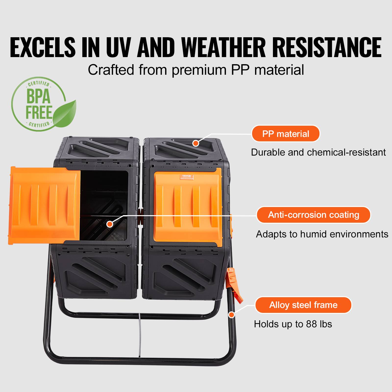 Vevor - VEVOR Composteur rotatif 140 L double chambre PP sans BPA, rotation 360°, charge 40 kg pour déchets organiques. - Image 4