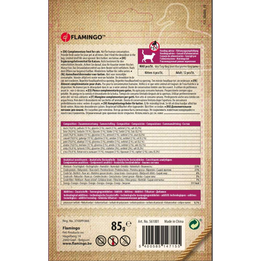 Flamingo - Friandise lamelles de canard et cabillaud  pour chat 85 g sans gluten - Image 4