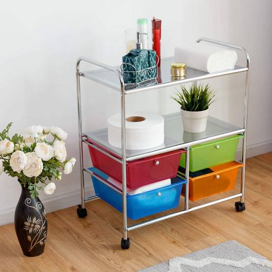 Chariot De Rangement SYKIARIOL 4 Tiroirs Sur Roulettes - Plateau Bois Multicolore Pour Cuisine Et Salon