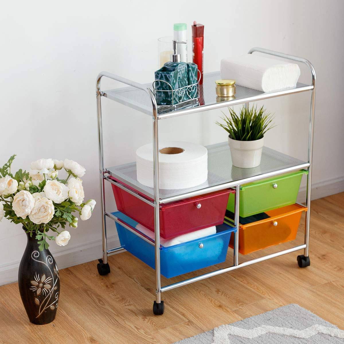 Chariot De Rangement SYKIARIOL 4 Tiroirs Sur Roulettes - Plateau Bois Multicolore Pour Cuisine Et Salon