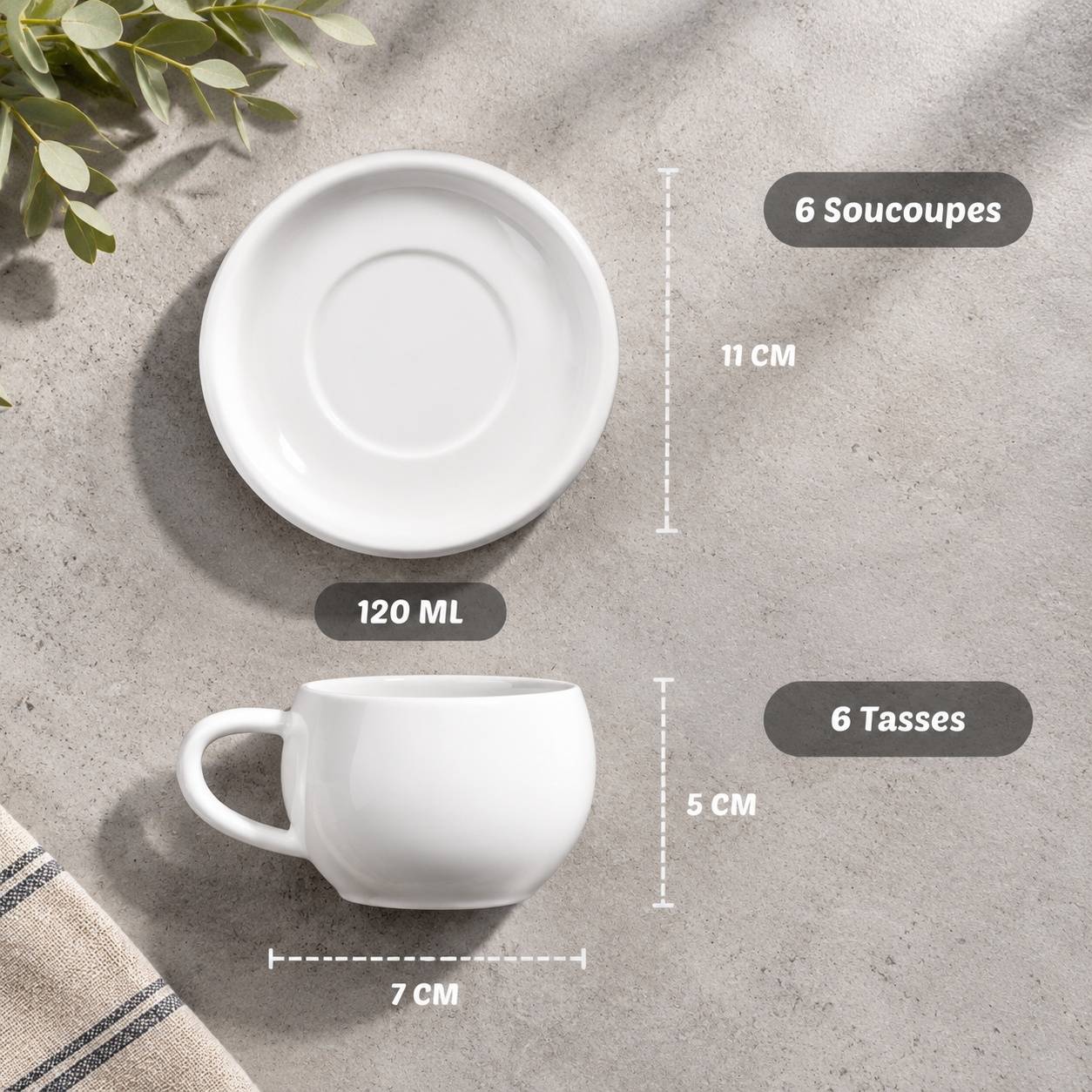 Set de 6 Tasses à Café et Sous-tasses Porcelaine 120ml Blanc - Image 5