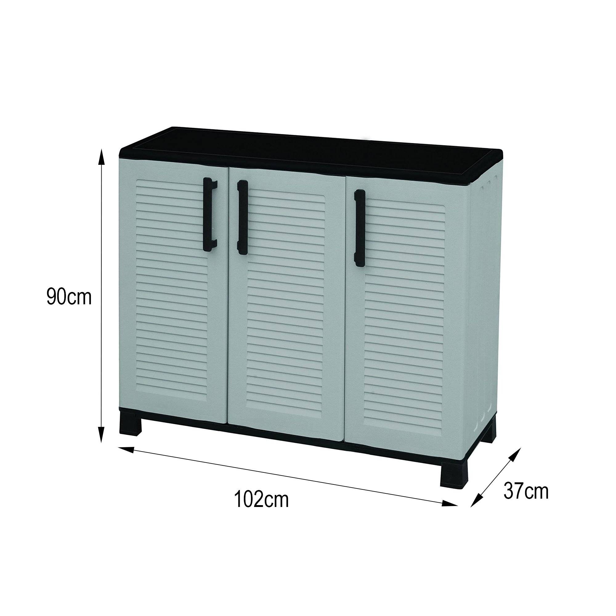 Dmora - Armoire d'extérieur Dbelpann, Armoire de balcon polyvalente, Armoire d'extérieur 3 portes, 102x37h90 cm, Gris clair et noir, Finition rayée - Dmora - Image 3